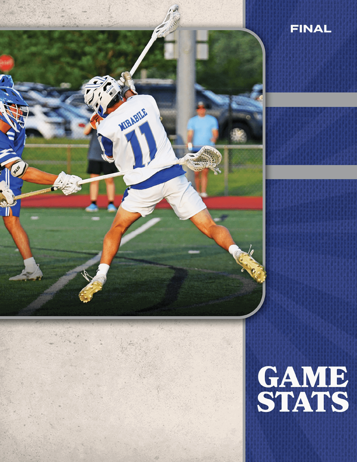 A man wearing a white and blue uniform is playing lacrosse. Description generated by AI