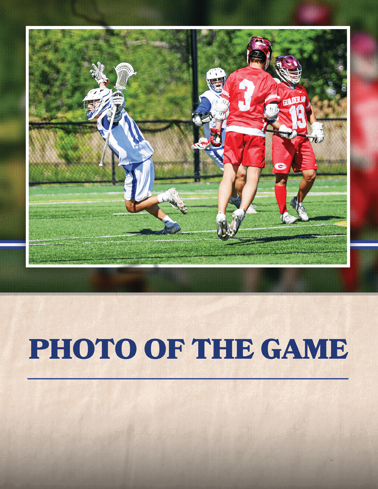 A man wearing a white and blue shirt is jumping in the air to catch a ball. Description generated by AI