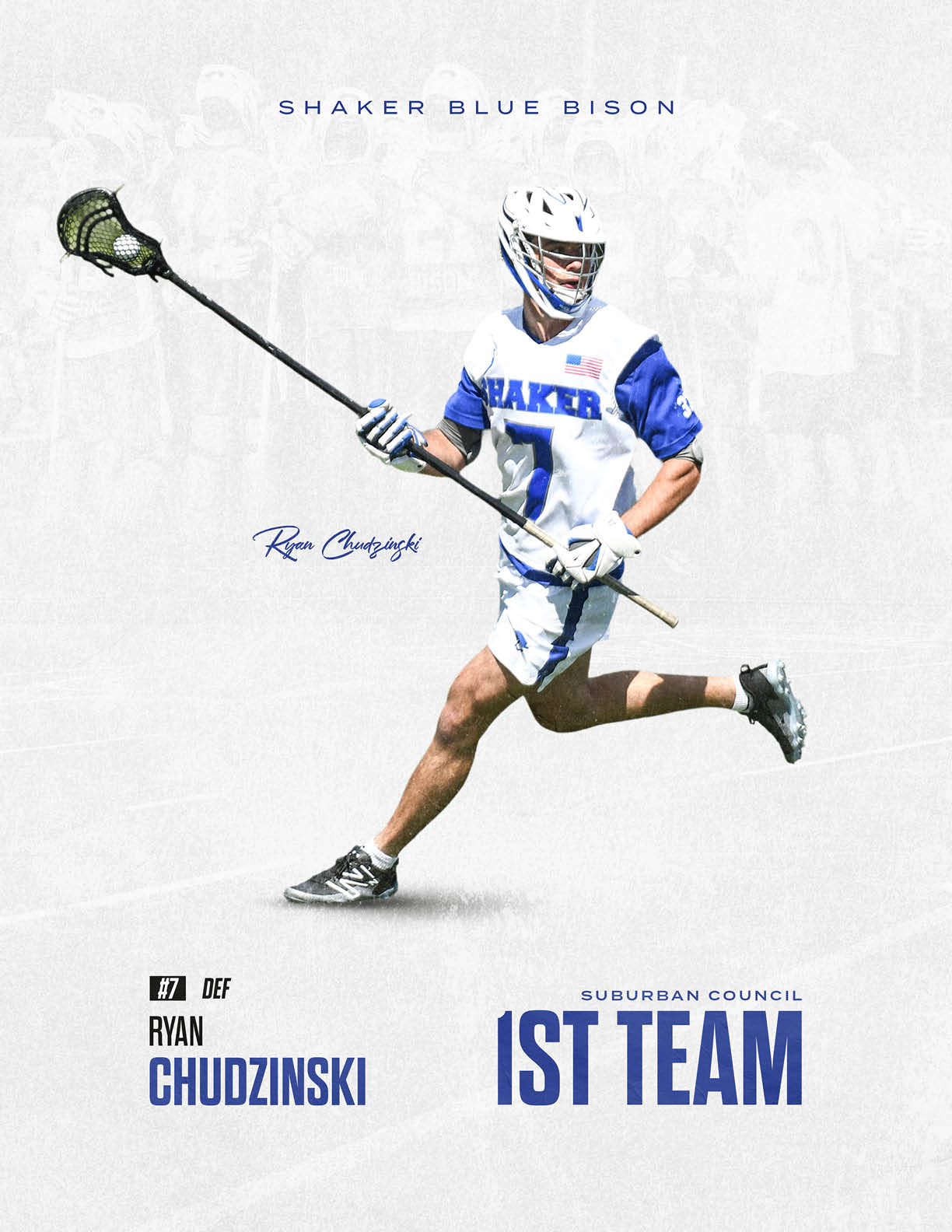 A man in a white and blue uniform holding a lacrosse stick. Description generated by AI