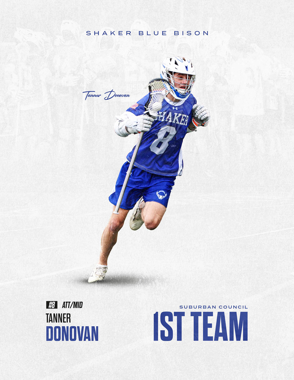 A man running on a field with a blue and white uniform. Description generated by AI