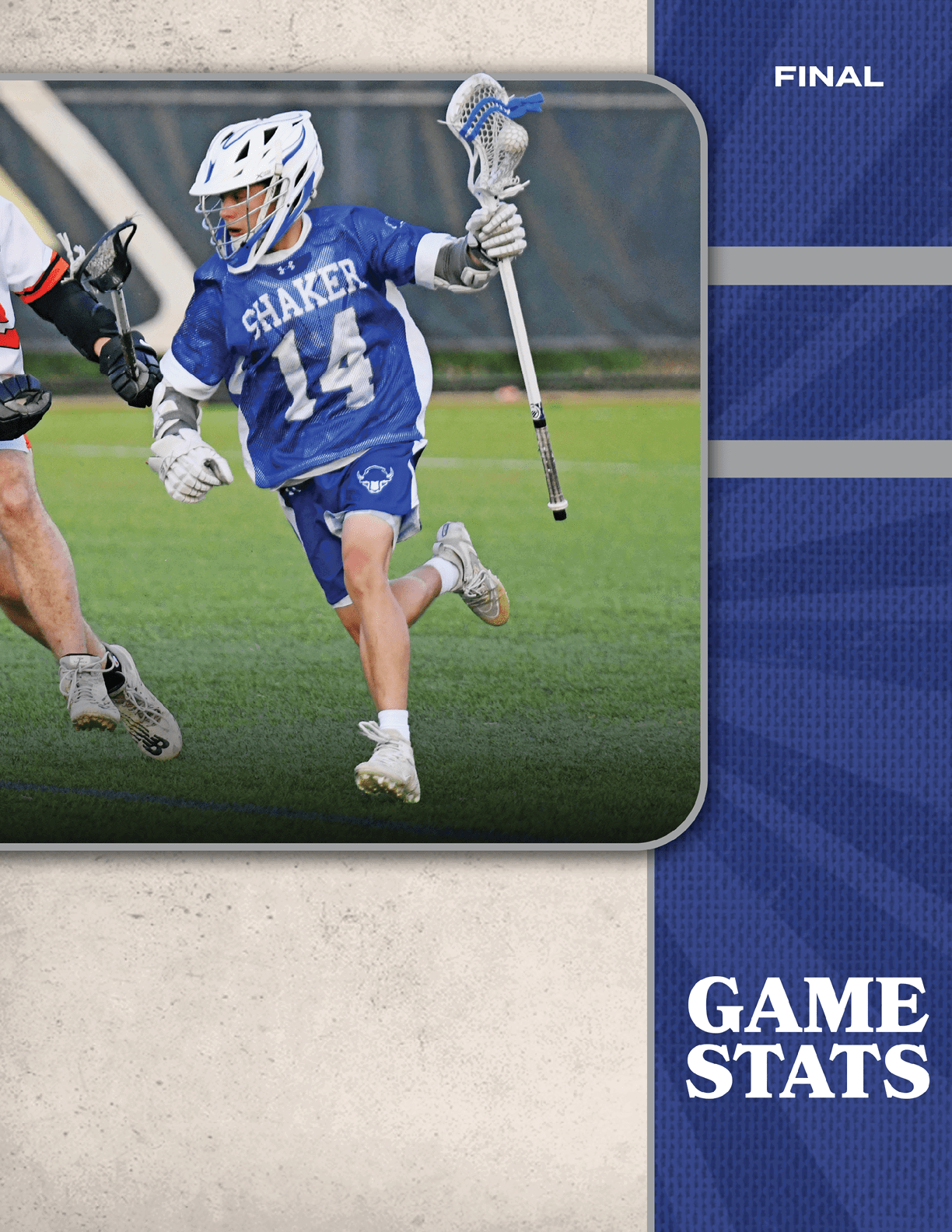 A man wearing a white and blue uniform is playing lacrosse. Description generated by AI