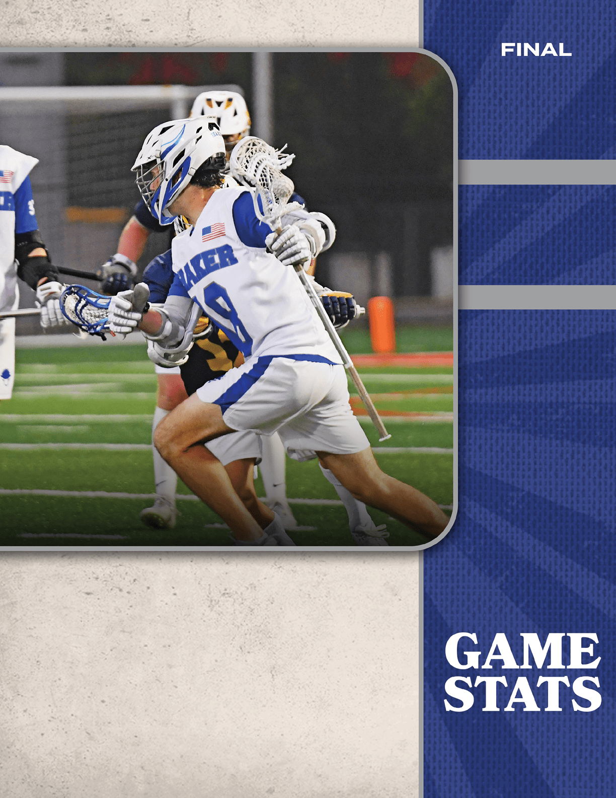 A man wearing a white and blue uniform is playing lacrosse. Description generated by AI