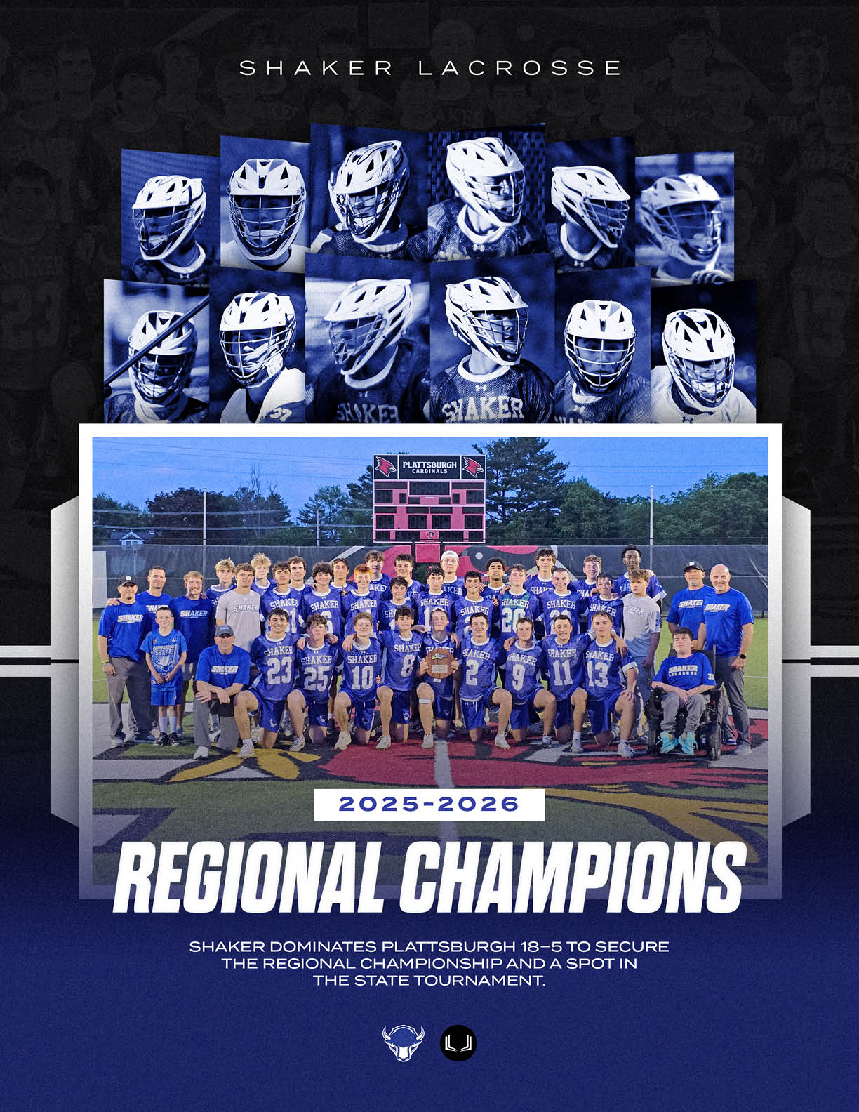 A group of lacrosse players and coaches in blue uniforms pose on a field with a scoreboard behind them under the title Shaker Lacrosse Regional Champions for 2025-2026. Description generated by AI