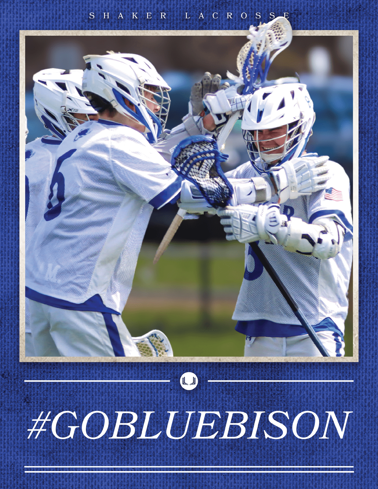 Three lacrosse players celebrating a goal. AI generated content
