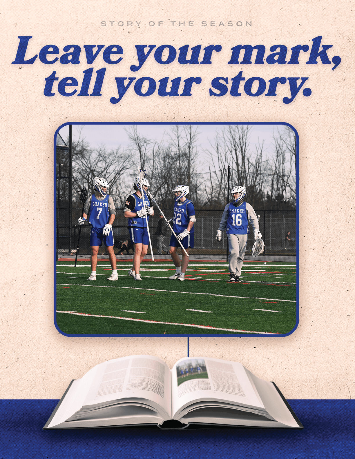 Three hockey players wearing blue and white uniforms are standing on a field. AI generated content