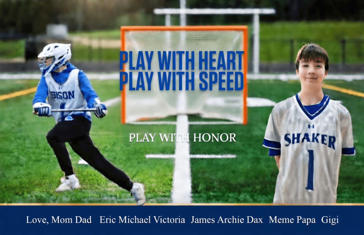 A boy in a Shaker jersey poses for a photo on a field. AI generated content
