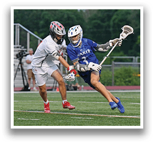 Two men are playing lacrosse on a field. One man is holding a lacrosse stick and trying to get past the other man who is trying to block him. AI generated content