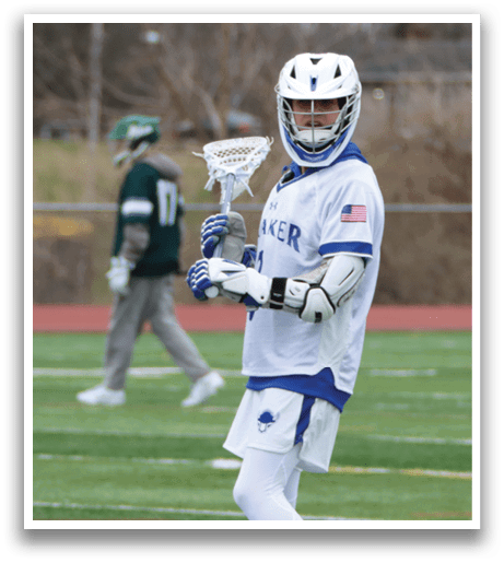 A man in a white and blue uniform holding a lacrosse stick. AI generated content