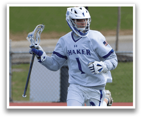 A lacrosse player wearing a white uniform and blue and white shoes is running on the field. AI generated content