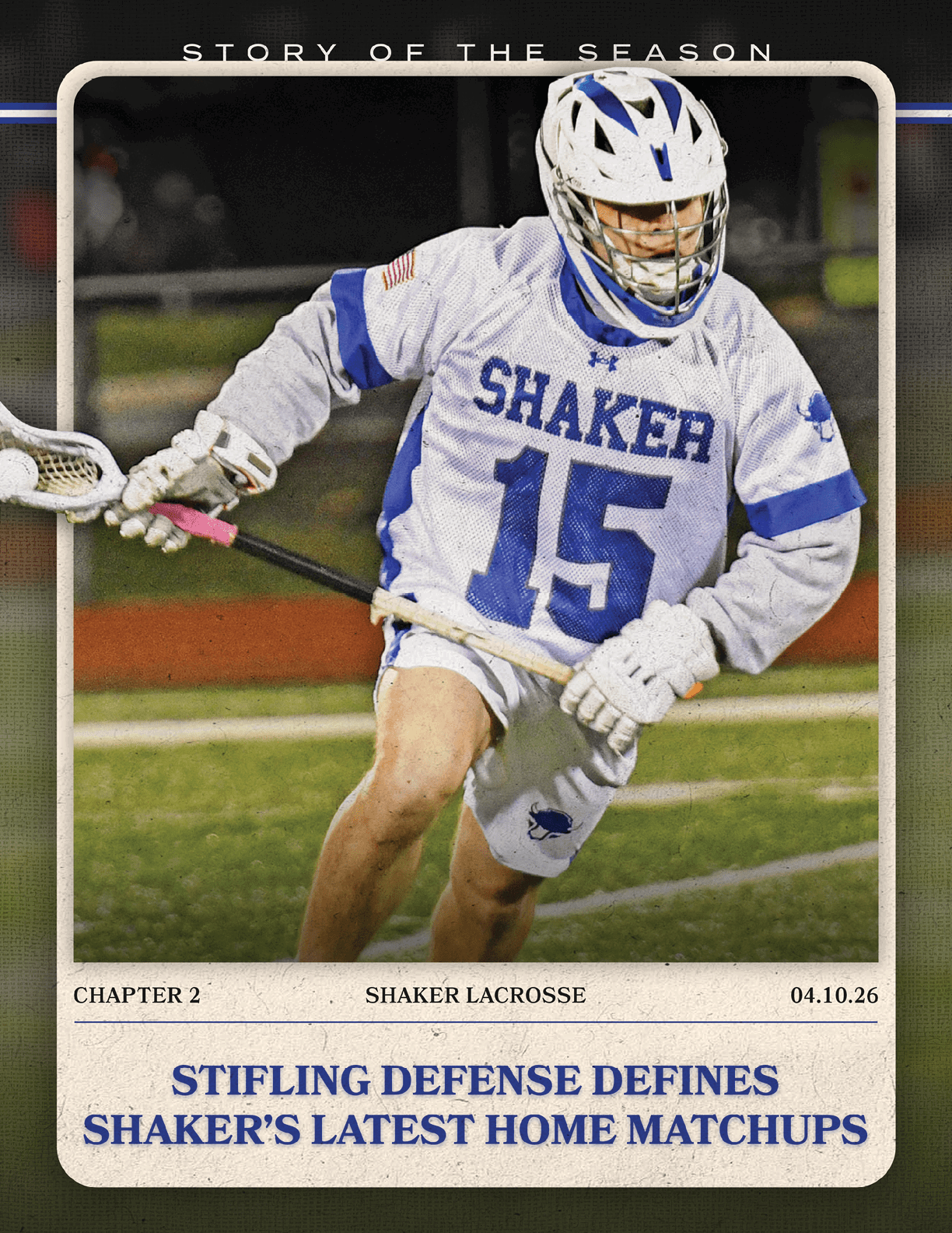 A man wearing a white and blue shirt and white shorts holding a lacrosse stick. AI generated content