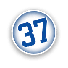 A blue and white number 37 on a white background. AI generated content