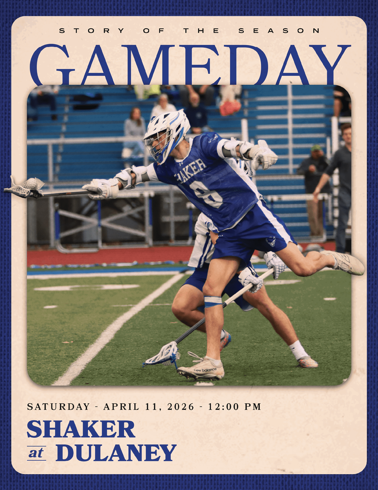 A man in a blue and white uniform is playing lacrosse. AI generated content