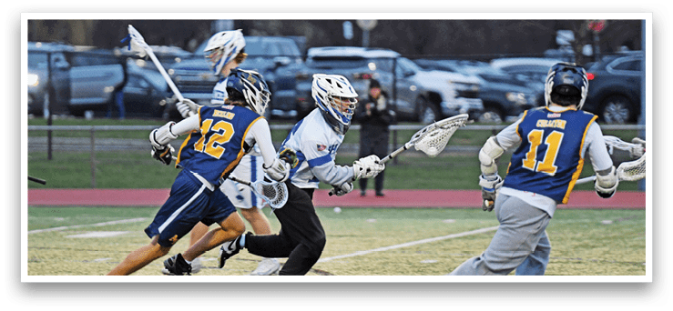 Three men playing lacrosse on a field. AI generated content