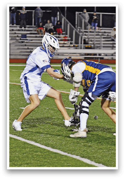 Two men playing a game of lacrosse on a field. AI generated content