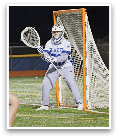 Three people playing lacrosse on a field. One person is holding a net, another is holding a stick, and the third is running. AI generated content