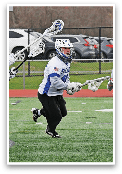 Three young men playing lacrosse on a field. AI generated content