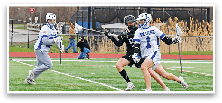 Three men playing lacrosse on a field. AI generated content