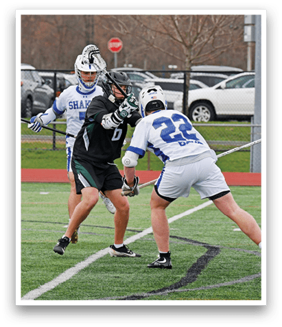 Three men playing lacrosse on a field. AI generated content