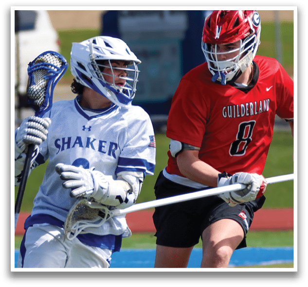 Two lacrosse players running on a field, one wearing a red jersey and the other wearing a white jersey. AI generated content