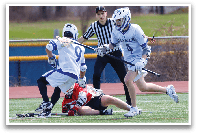 A group of people playing lacrosse on a field. One person is falling to the ground while another is holding a stick. AI generated content