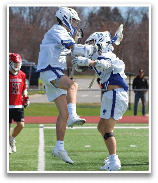 Two lacrosse players jumping in the air, one with a blue and white uniform and the other with a red and white uniform. AI generated content
