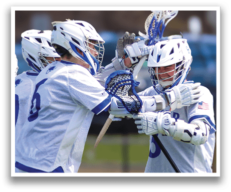 Three lacrosse players hugging each other on the field. AI generated content