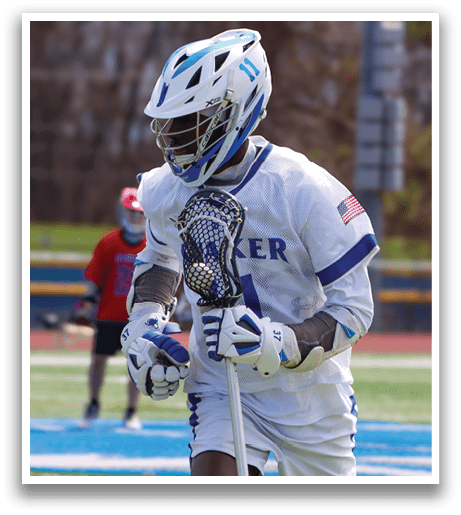 A man holding a lacrosse stick on a field. AI generated content