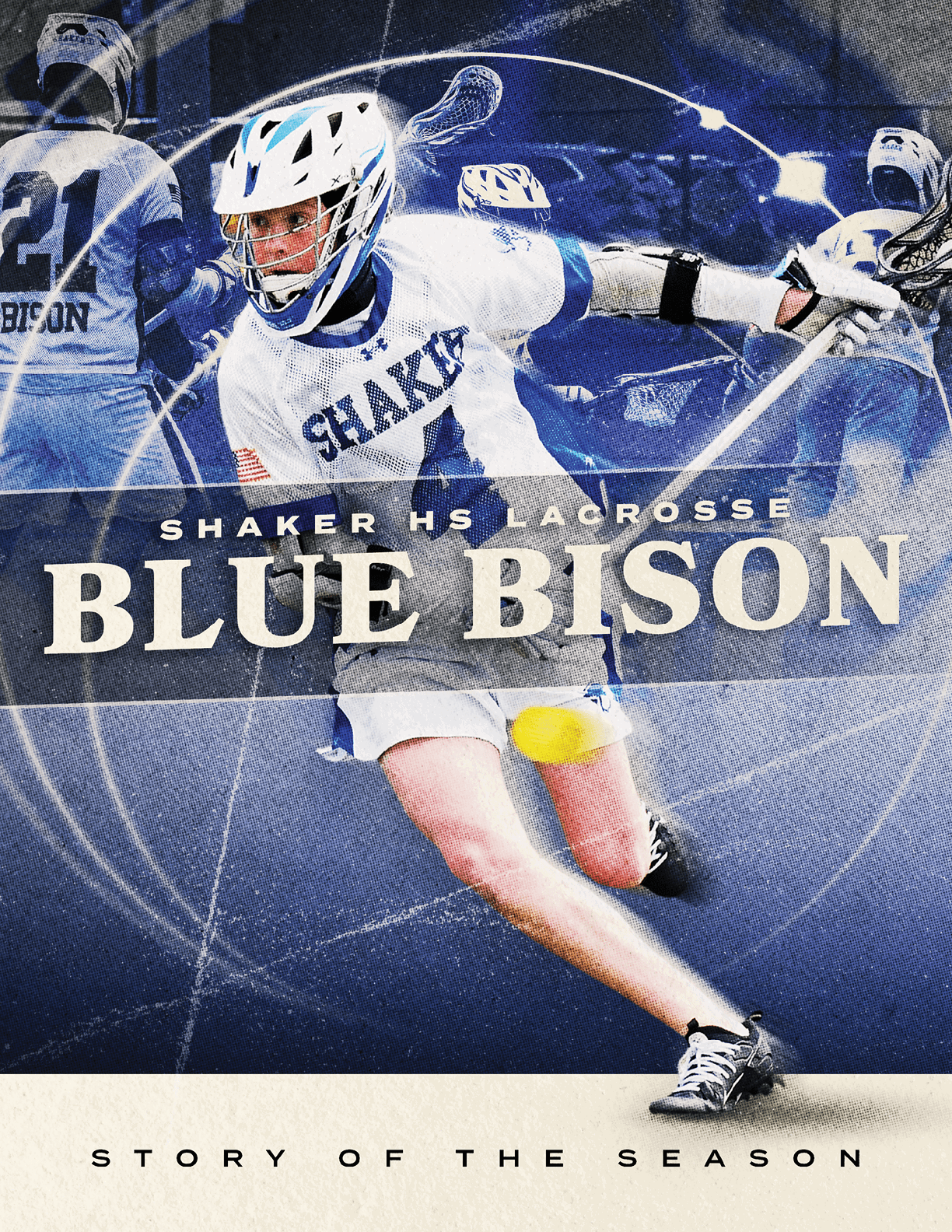 A lacrosse player in a white uniform is shown on a poster. AI generated content