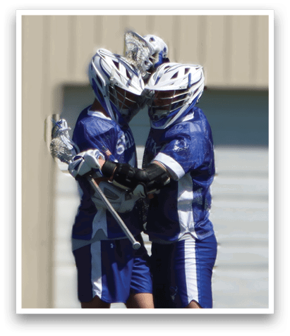 Two men wearing blue and white uniforms are hugging each other on a field. AI generated content