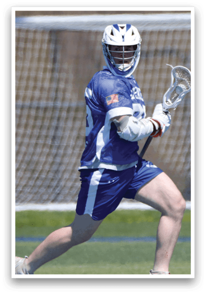 A man wearing a blue and white uniform is running with a lacrosse stick in his hand. AI generated content