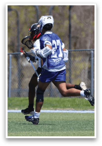 Two men playing lacrosse on a field. AI generated content