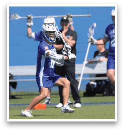 A group of men playing lacrosse on a field. One man is holding a stick and preparing to shoot the ball. AI generated content