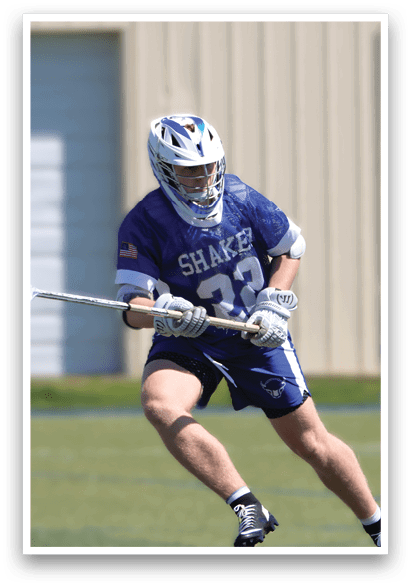 Two men playing lacrosse, one with a blue jersey and the other with a white jersey. AI generated content