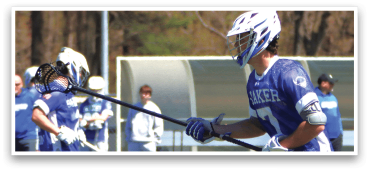 A man in a blue and white uniform is holding a lacrosse stick and preparing to shoot the ball. AI generated content