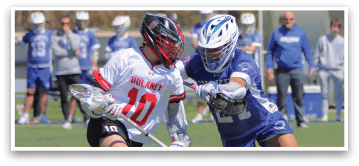 Two lacrosse players are running on the field, one wearing a blue uniform and the other wearing a white uniform. AI generated content