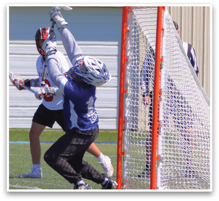 A man in a blue shirt is trying to score a goal in a lacrosse game. AI generated content