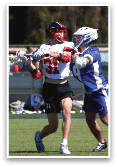 Two men are playing a game of lacrosse. One man is holding a lacrosse stick and is about to hit the other man. AI generated content