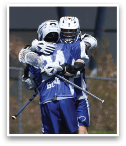 Three lacrosse players hugging each other on the field. AI generated content