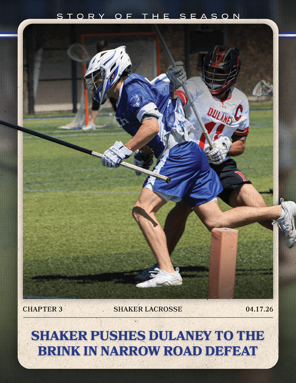 A lacrosse player in a blue uniform is running with a stick, trying to get past the opposing team's goalie. AI generated content
