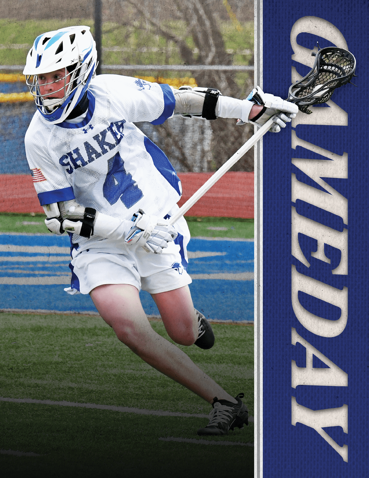 A man in a white and blue uniform is playing lacrosse. AI generated content