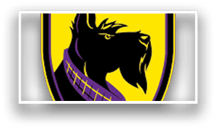 A black and yellow dog with a purple scarf around its neck. AI generated content