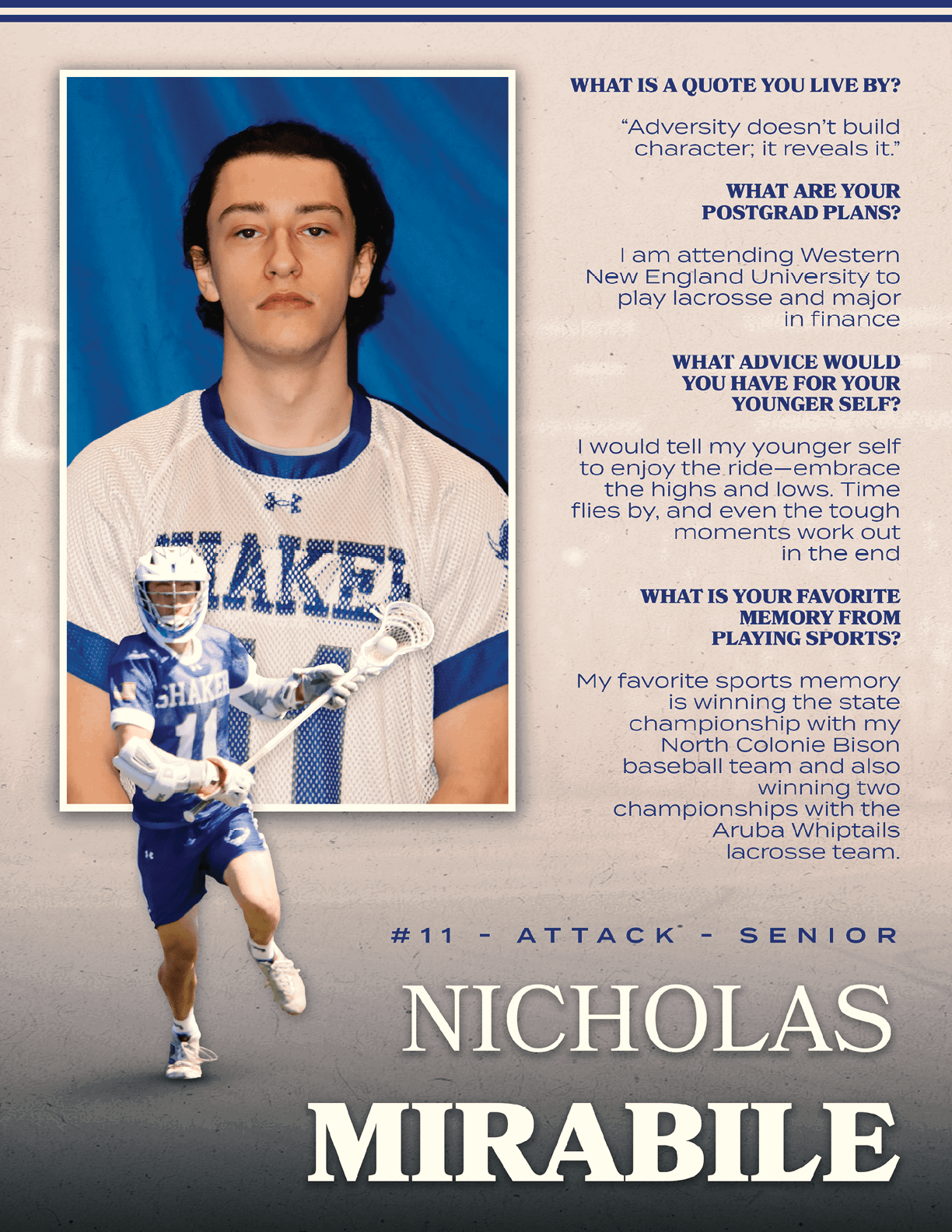 A man wearing a blue and white uniform is holding a lacrosse stick. AI generated content