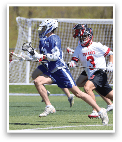 Two men playing lacrosse on a field. AI generated content