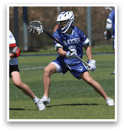 Two lacrosse players are running on a field, one wearing a white jersey and the other wearing a blue one. AI generated content