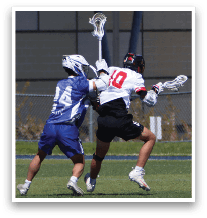 Two men playing lacrosse on a field. AI generated content