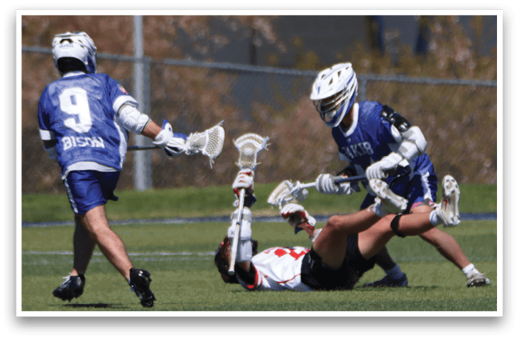 Three men playing lacrosse, one falling to the ground. AI generated content