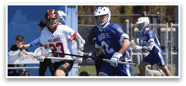 A group of men playing lacrosse on a field. One man is running with a lacrosse stick in his hand. AI generated content