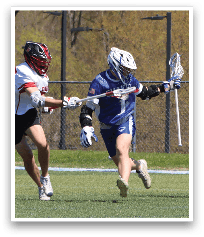 Two men playing lacrosse, one with a blue uniform and the other with a white uniform. AI generated content