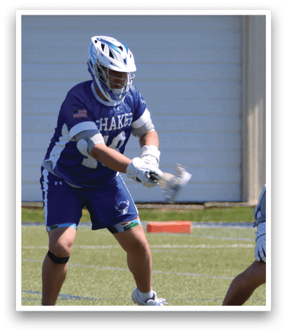 Two men playing lacrosse, one wearing a blue uniform and the other wearing a red uniform. AI generated content