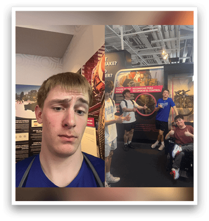 A group of people are standing in a room, with one man looking at the camera. AI generated content